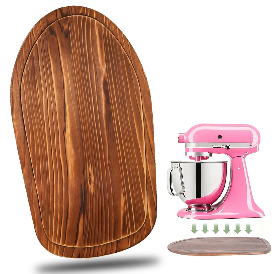 Fracijuy pine wood mixer slider mat in action for KitchenAid, easy gliding and counter protection.