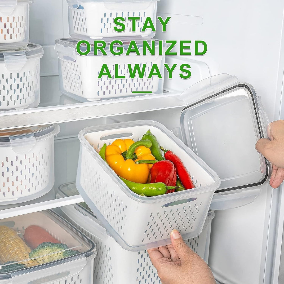 Freshmage fridge organizers in a medium size ready for citrus, apples, and other produce.