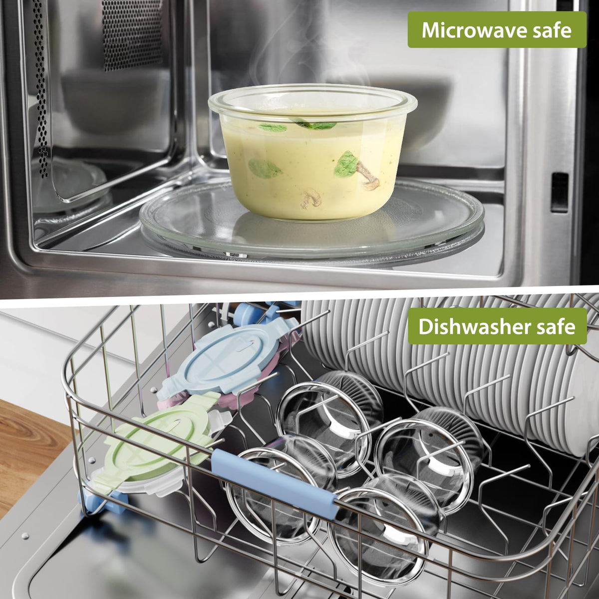 Freshmage container suitable for microwave reheating and oven-safe use.