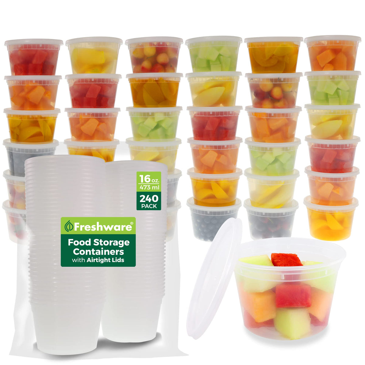Freshware 240-pack deli containers with lids for leakproof meal prep.