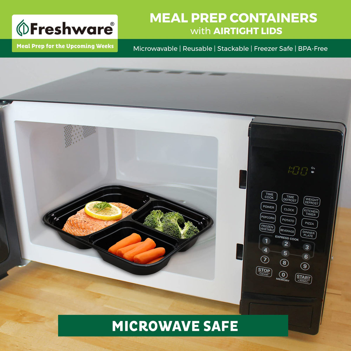 Freshware 25-pack airtight lids included for freshness and stackability.