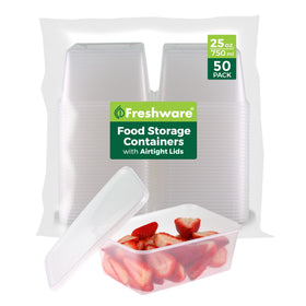 Freshware 25 oz deli containers with lids, stackable and ready for meals on the go.