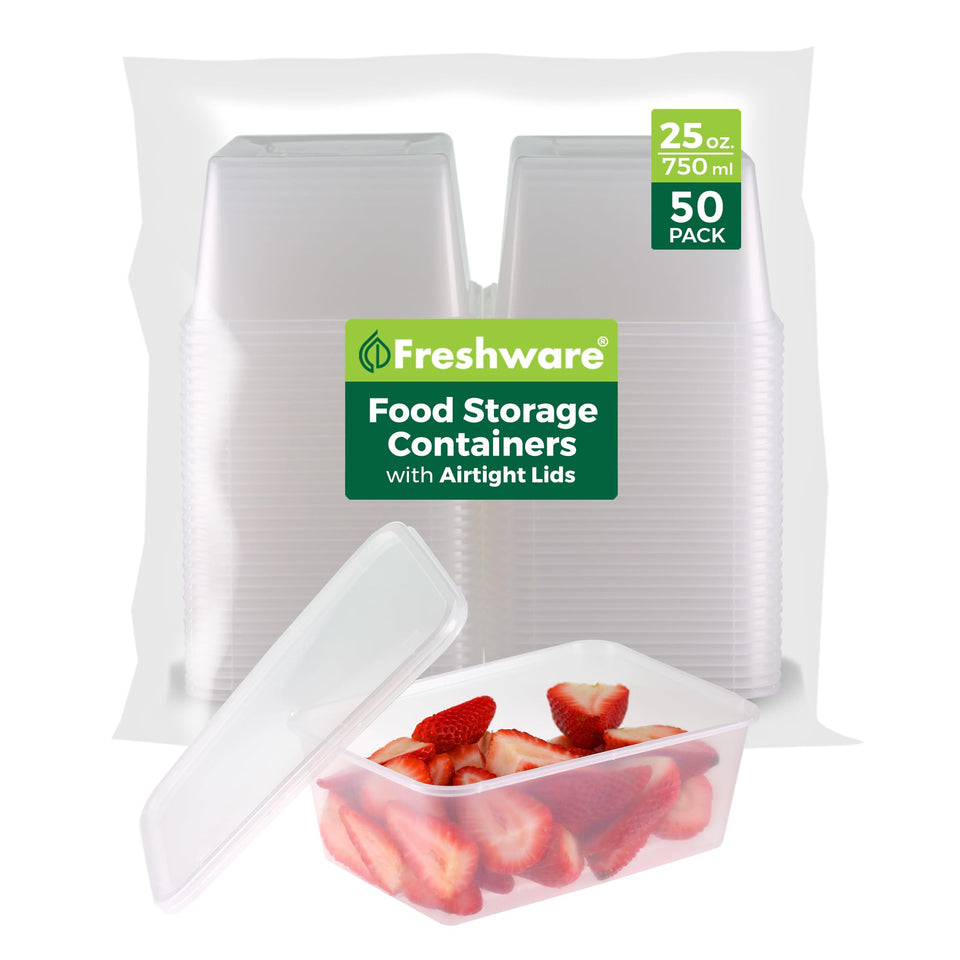 Freshware 25 oz deli containers with lids, stackable and ready for meals on the go.