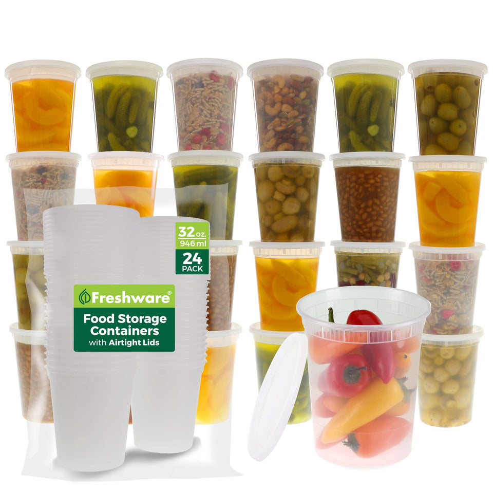 Freshware 32 oz deli container with lid for leakproof meal prep and sauces.
