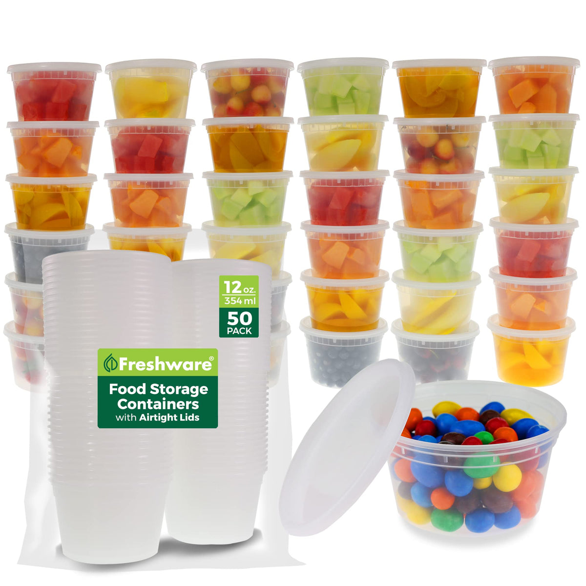 Freshware 50-set 12 oz deli containers with lids for organized storage and freshness.
