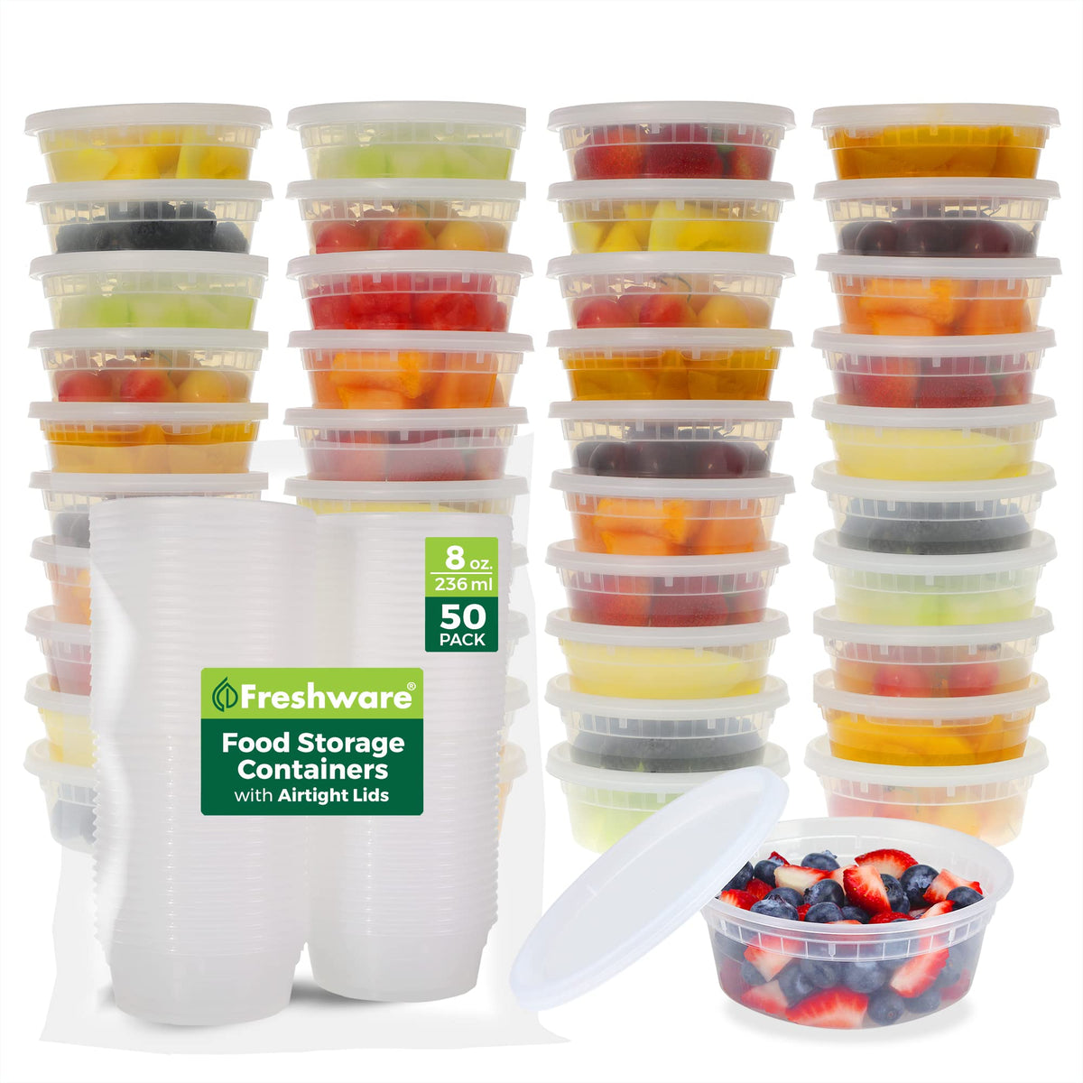 Freshware 50-set 8oz deli containers with lids for organized meal prep.