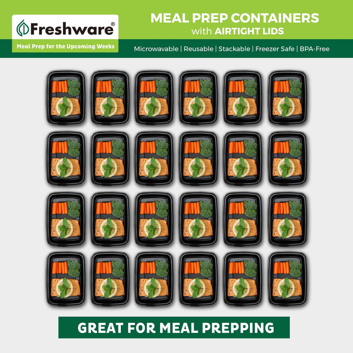 Freshware stackable bento box design saves cupboard space.