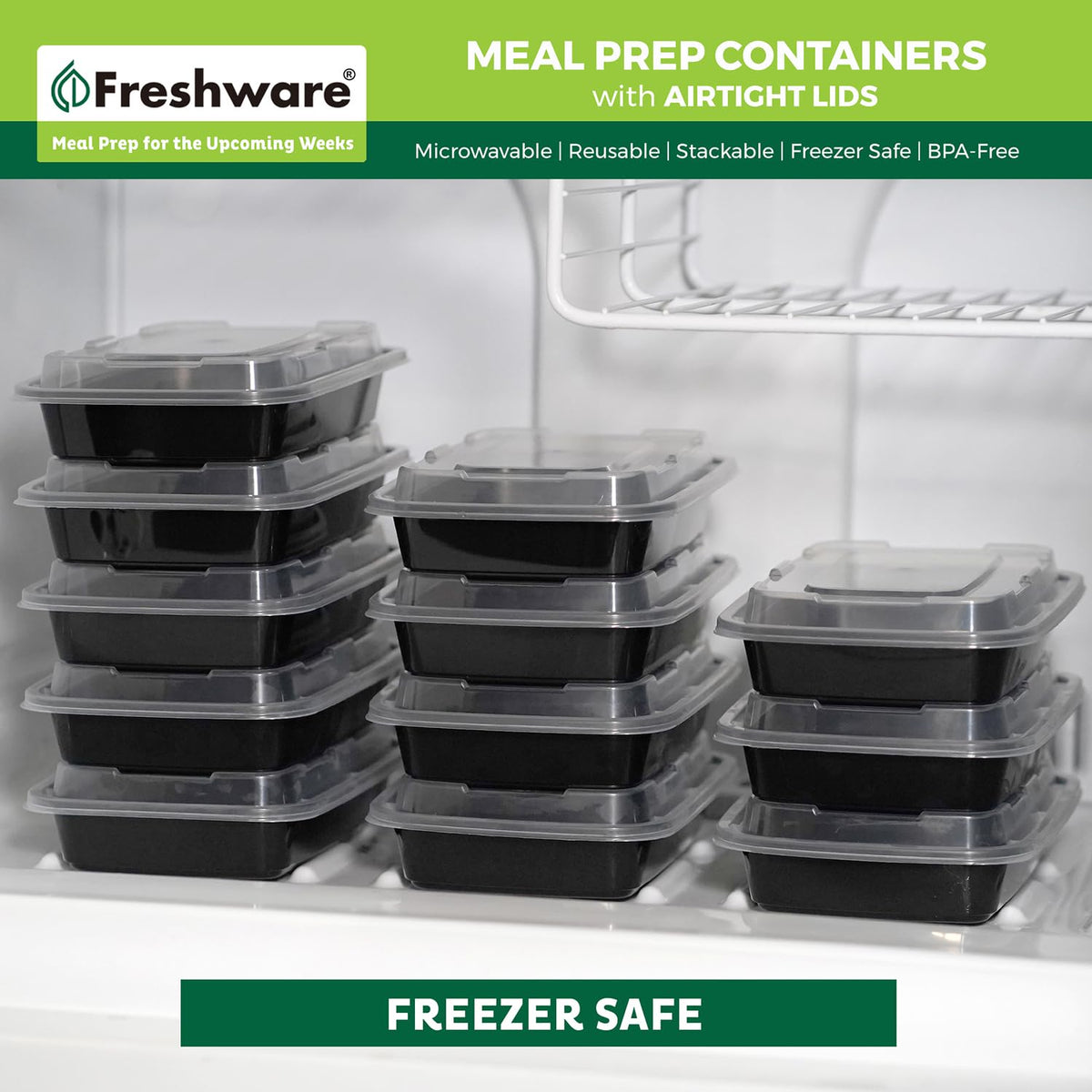 Freshware BPA-free polypropylene lunch boxes ready for freezer storage and daily use.