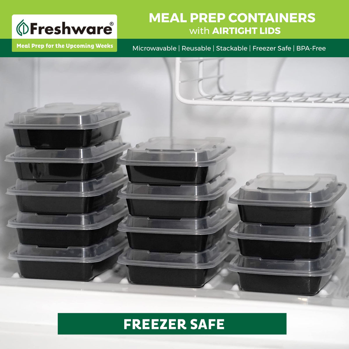 Freshware stackable meal prep containers save cabinet space and organize meals.