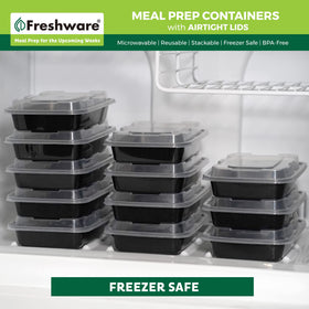 Freshware stackable meal prep containers save cabinet space and organize meals.
