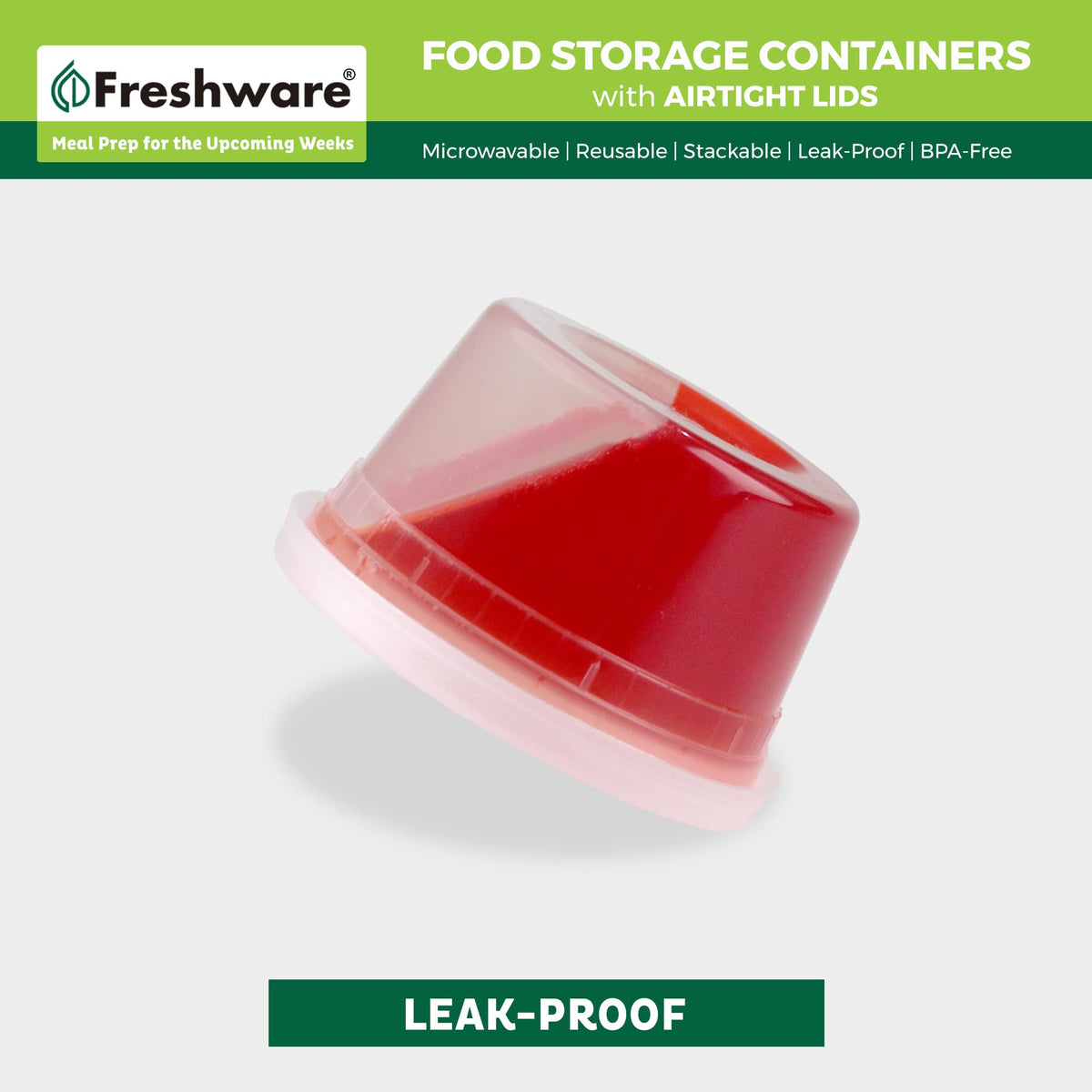 Freshware stackable plastic food containers help save fridge space and simplify storage.