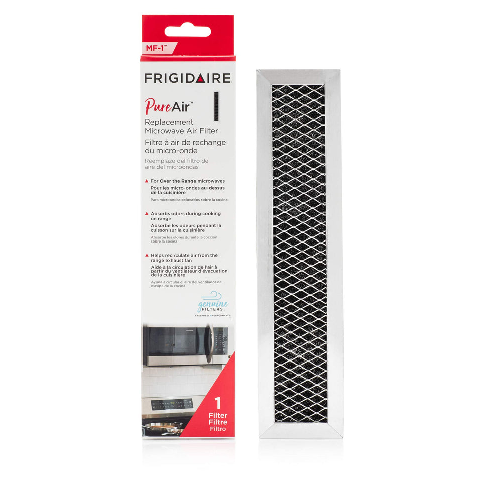 Frigidaire Pure Air microwave filter with activated carbon for odor absorption, keeping kitchen air fresher.