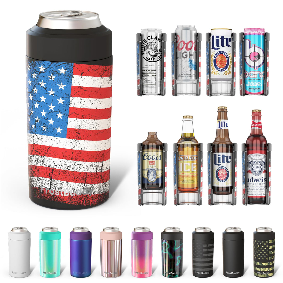 Frost Buddy universal-can-cooler keeps 12oz slim cans icy for on-the-go use.