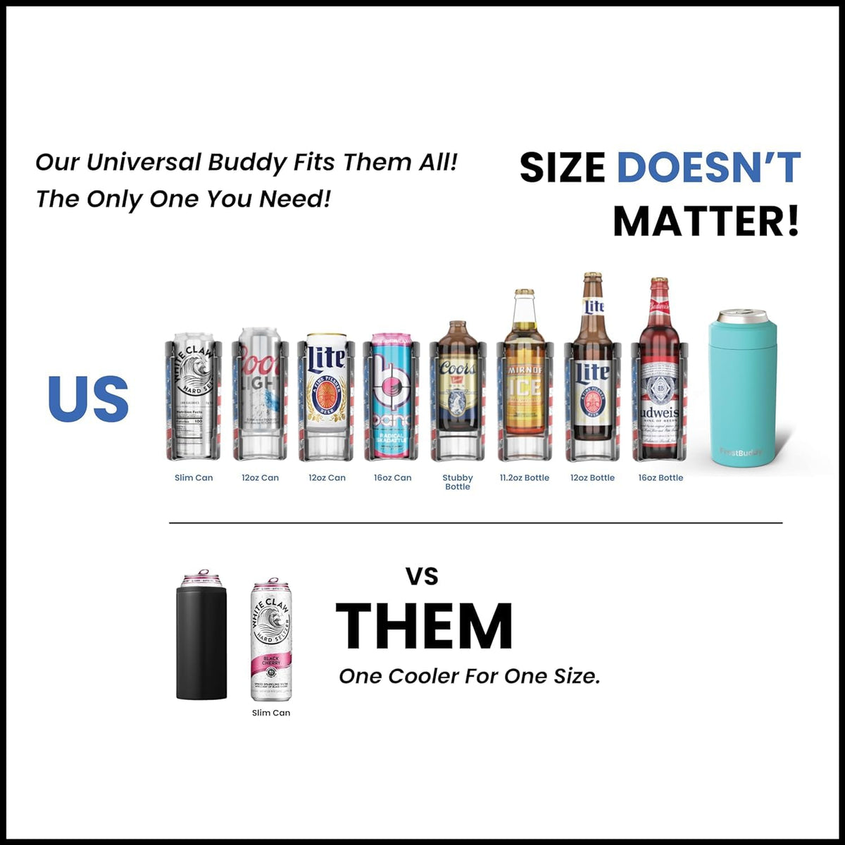 Frost Buddy universal-can-cooler fits 16oz bottles for outdoor refreshment.