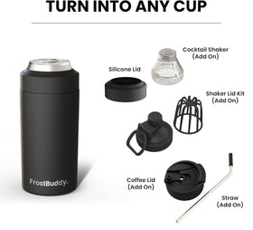 Frost Buddy universal-can-cooler shows patented lid for easy drink switching.