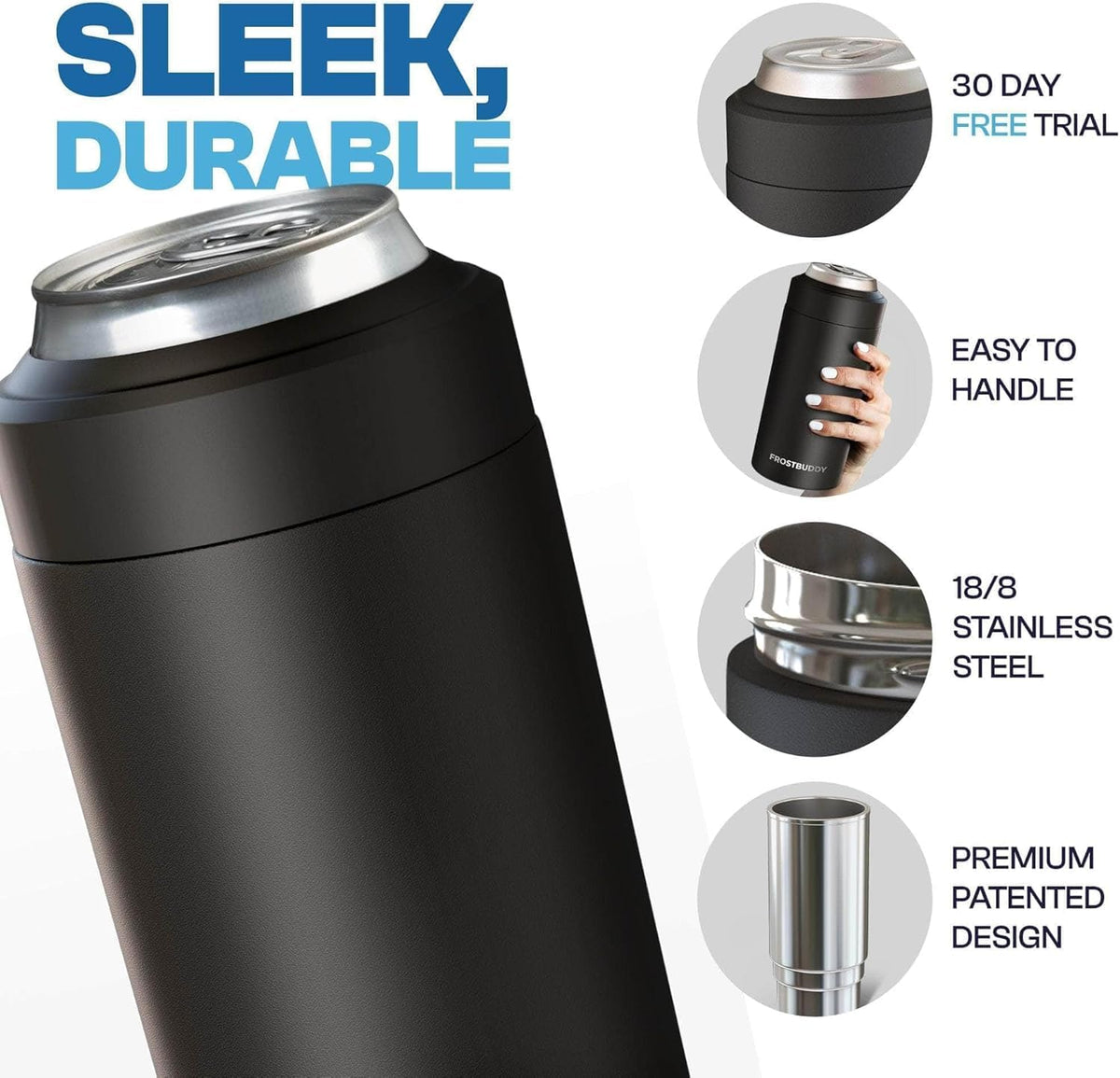 Frost Buddy universal cooler five-sizes-in-one showcases multi-size drink compatibility