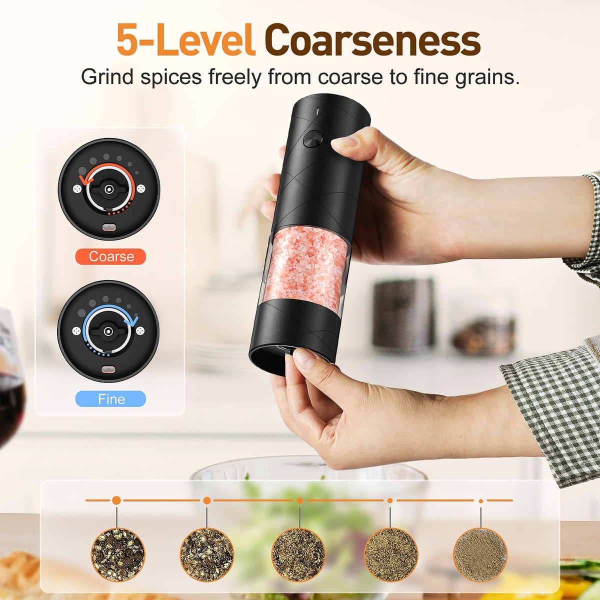 FRTONYI adjustable coarseness dial for custom salt or pepper texture.