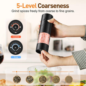 FRTONYI adjustable coarseness dial for custom salt or pepper texture.