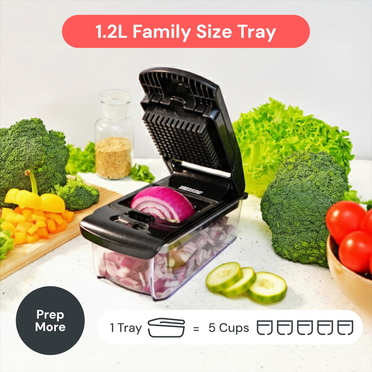 Fullstar built-in catch tray helps keep counters clean during prep.
