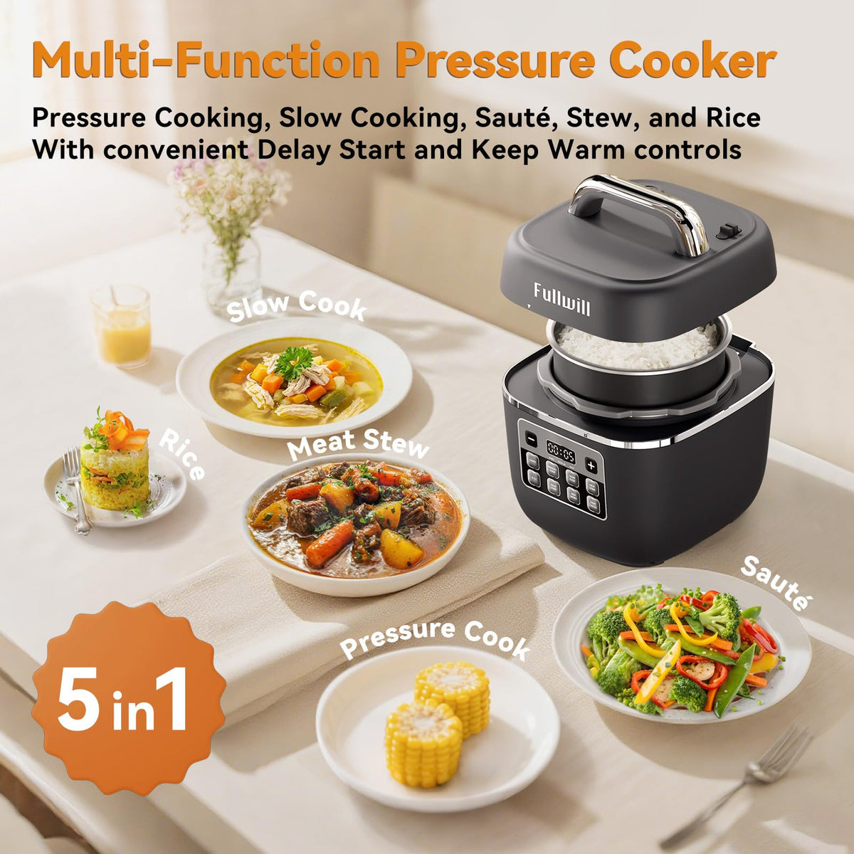 Fullwill Electric Pressure Cooker Lite sauté function for rapid flavor base and aromatics.
