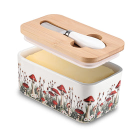 Fungi Fun farmhouse kitchen decor butter dish with mushroom motif.