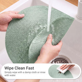 FunWheat fog green placemats on table demonstrate 6-piece ensemble.