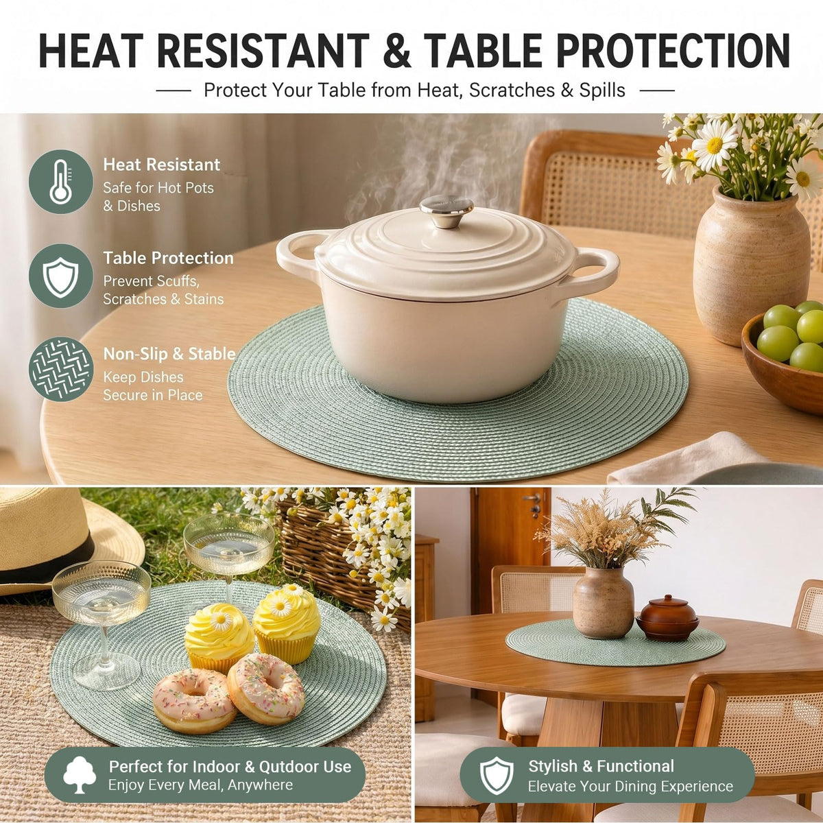 FunWheat placemats add modern color and surface protection.