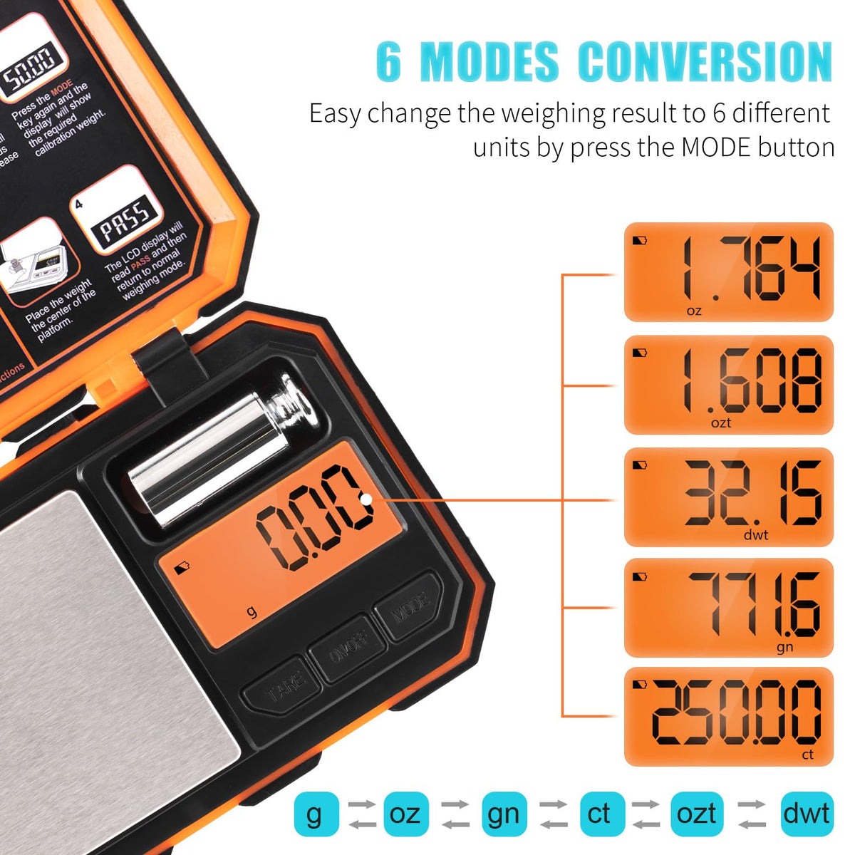 Fuzion pocket scale unit switch showing g, oz, ct, and more.