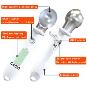 GAGIO rechargeable scoop charging for cordless scooping convenience.