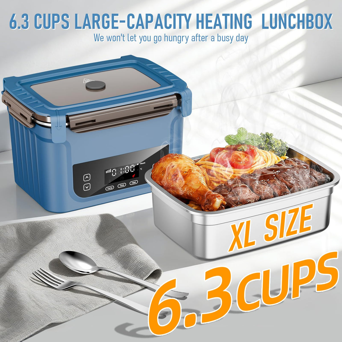 GALOKEO 6.3-cup capacity lunch box with food-filled stainless steel container.