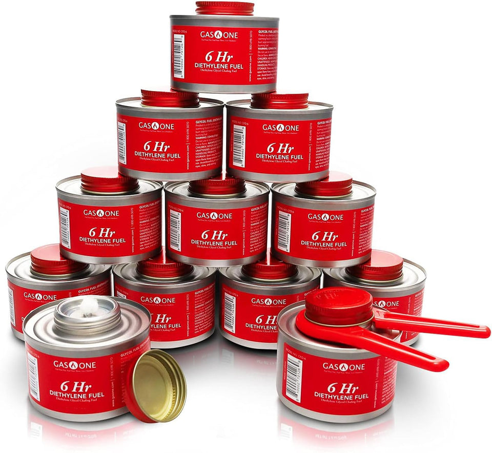 Gas One chafing fuel can in use for long-lasting heat at buffets.