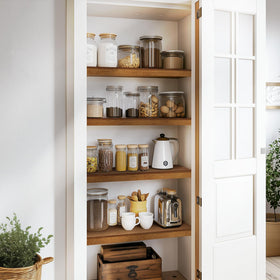 Gashell bamboo shelf cover hides clutter for neat storage.