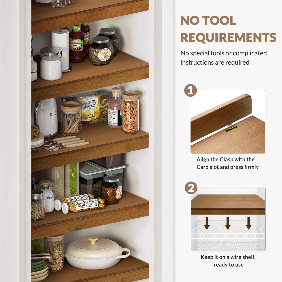 Gashell Bamboo Wire Shelf Cover in kitchen pantry for clutter-free display.