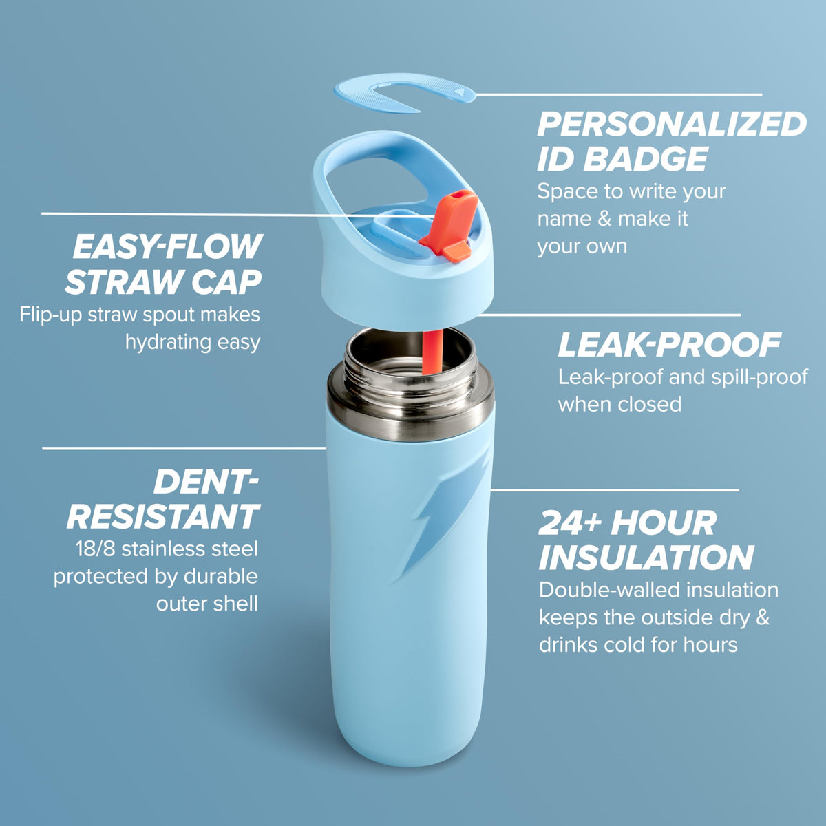 Gatorade Overtime bottle with blue straw cap for easy sipping