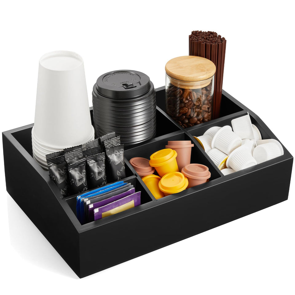 GCWSTJK black coffee station organizer top view shows six compartments for mugs and accessories