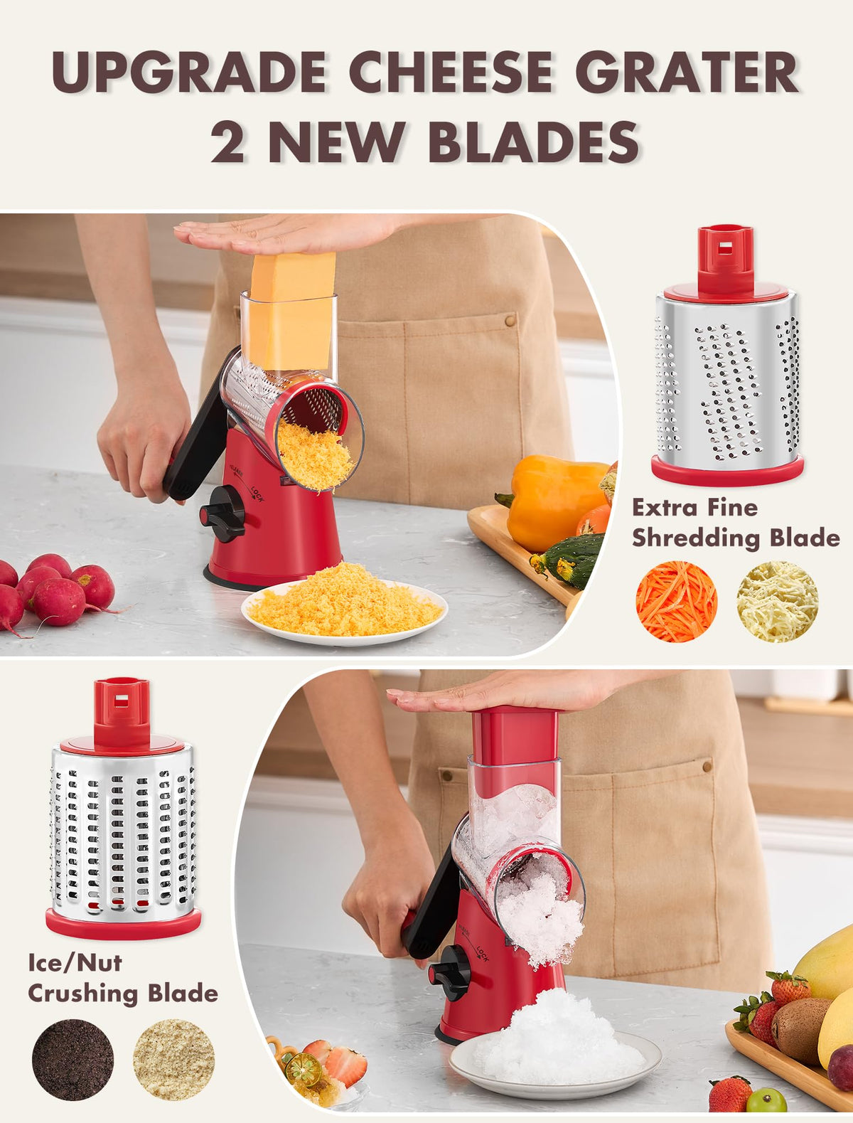 GDL rotary drum blades for versatile shredding of cheese and vegetables.