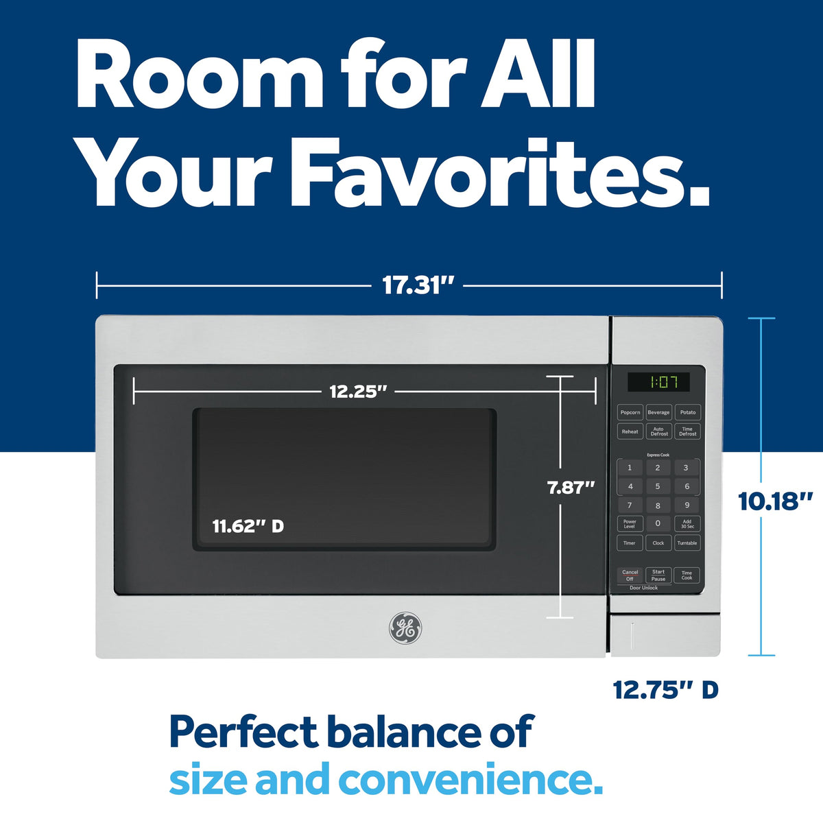 GE microwave interior illustrating 0.7 cu ft capacity for quick heating and defrosting
