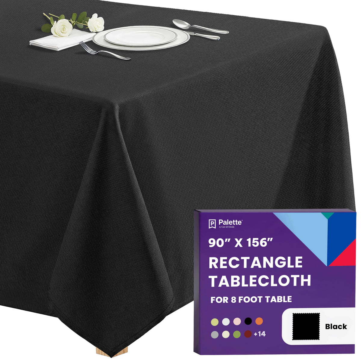 Gee Di Moda rectangle tablecloth draped on an 8-foot table with floor-length drop.