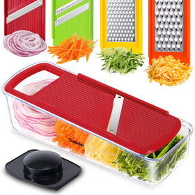 Geedel blade collection image demonstrates versatile blades for slicing, shredding, and julienne textures.