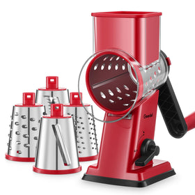 Geedel rotary cheese grater with four blades for fast shredding of cheese and vegetables.
