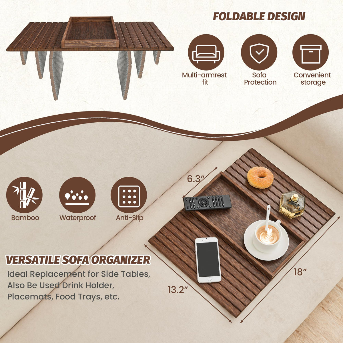 GEHE armrest table with anti-slip bottom keeps drinks stable on the sofa.