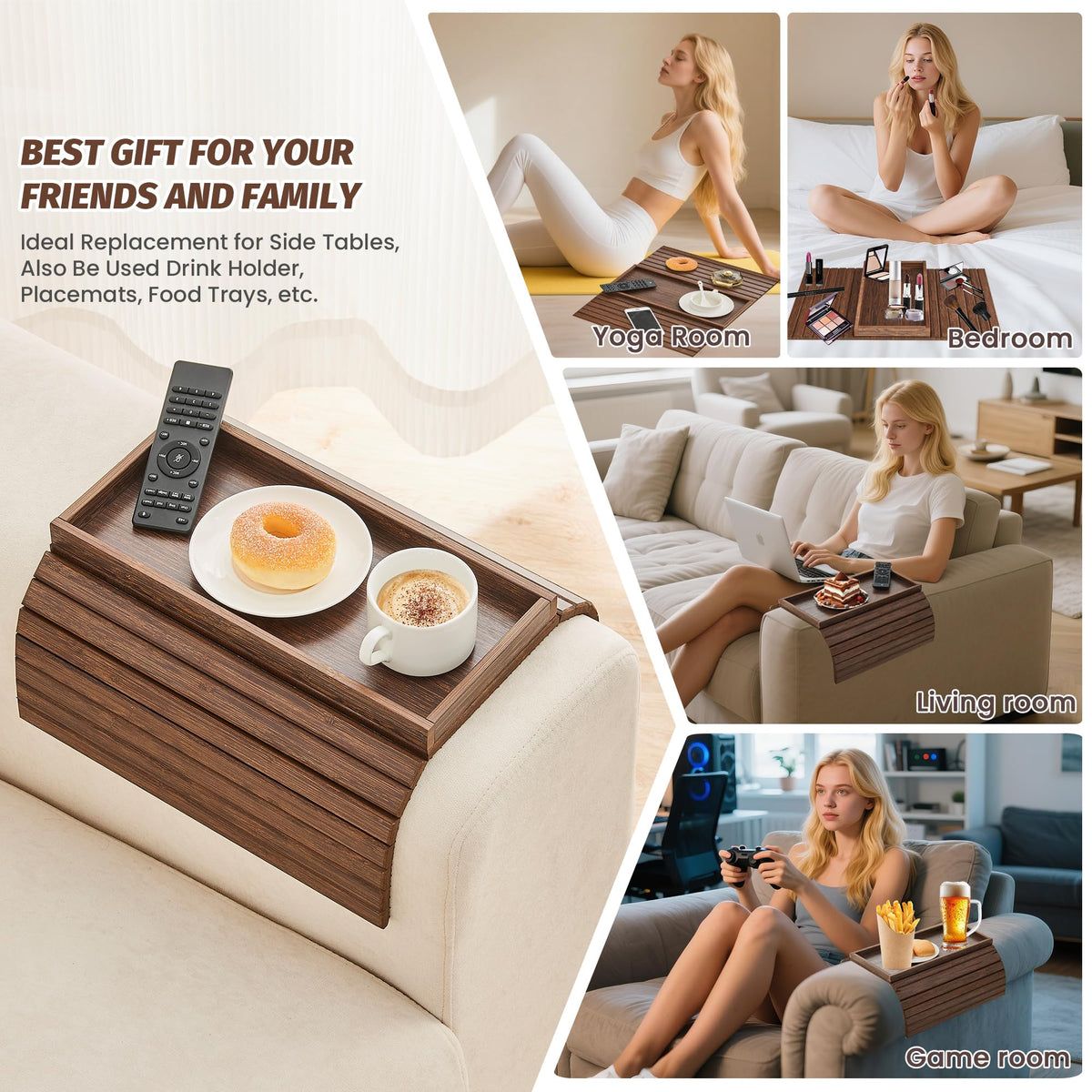 GEHE bamboo couch tray with cup holder helps prevent spills.