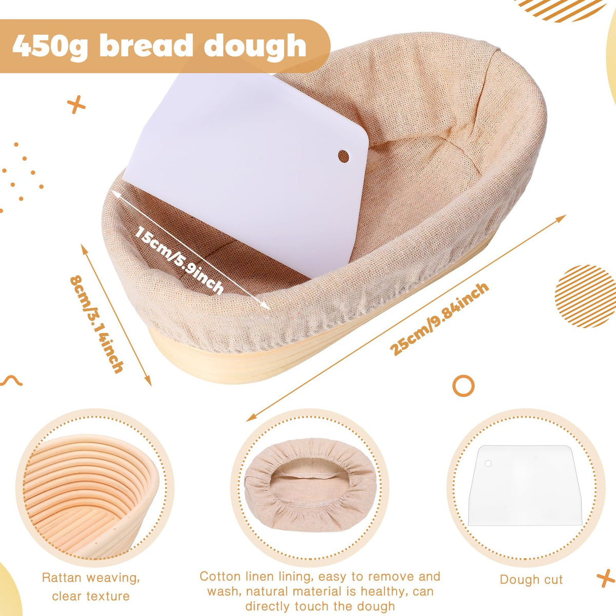 Gejoy oval banneton eight-piece set with liners shown for clean dough proofing.