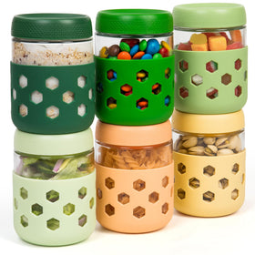 Gemice overnight oats jar with silicone sleeve for a secure grip and chip protection.