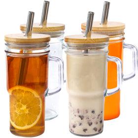 Generic 24oz glass cups with lids and straws ideal for iced coffee and smoothies.