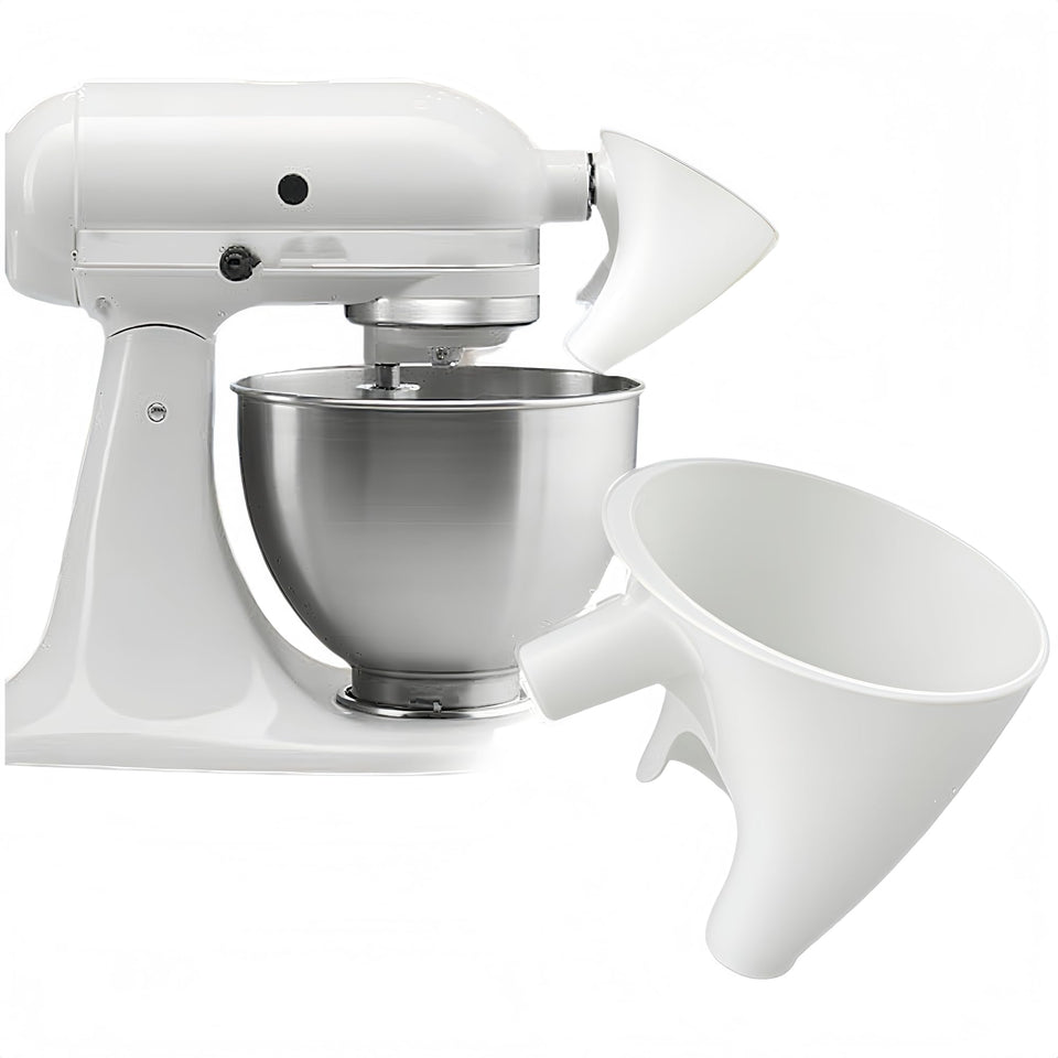 Generic flour funnel for KitchenAid attachment enables clean hands-free pouring into the bowl.