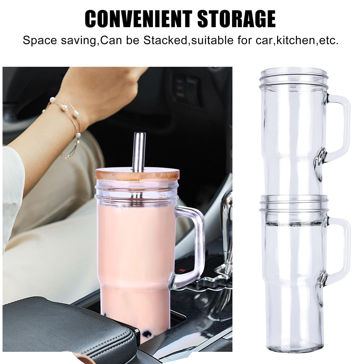 Generic glass tumblers with handles fit standard car cup holders for on the go.