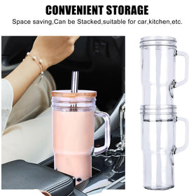 Generic glass tumblers with handles fit standard car cup holders for on the go.