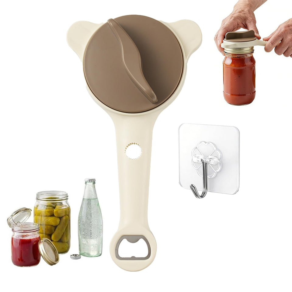 Generic lid opener with adjustable jaws demonstrates arthritis-friendly grip for stubborn lids.