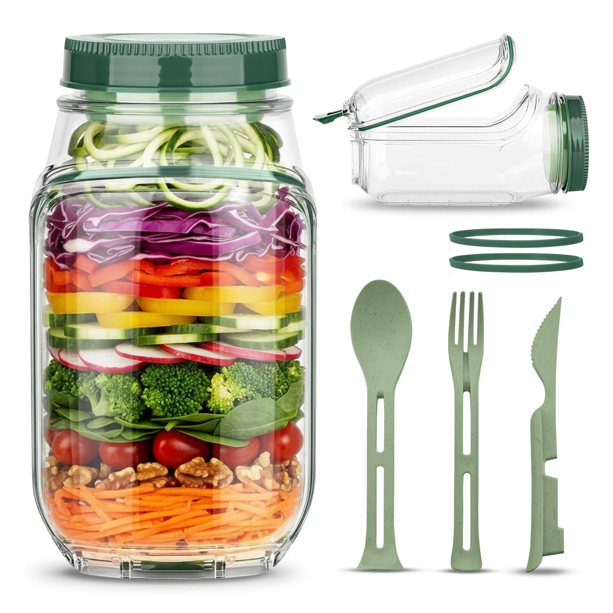Generic on-the-go salad jar with side opening for easy access to layers